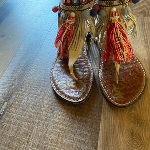 Sam Edelman Beige Fringe Sandals with Red Tassels and Multicolor Pom-Poms